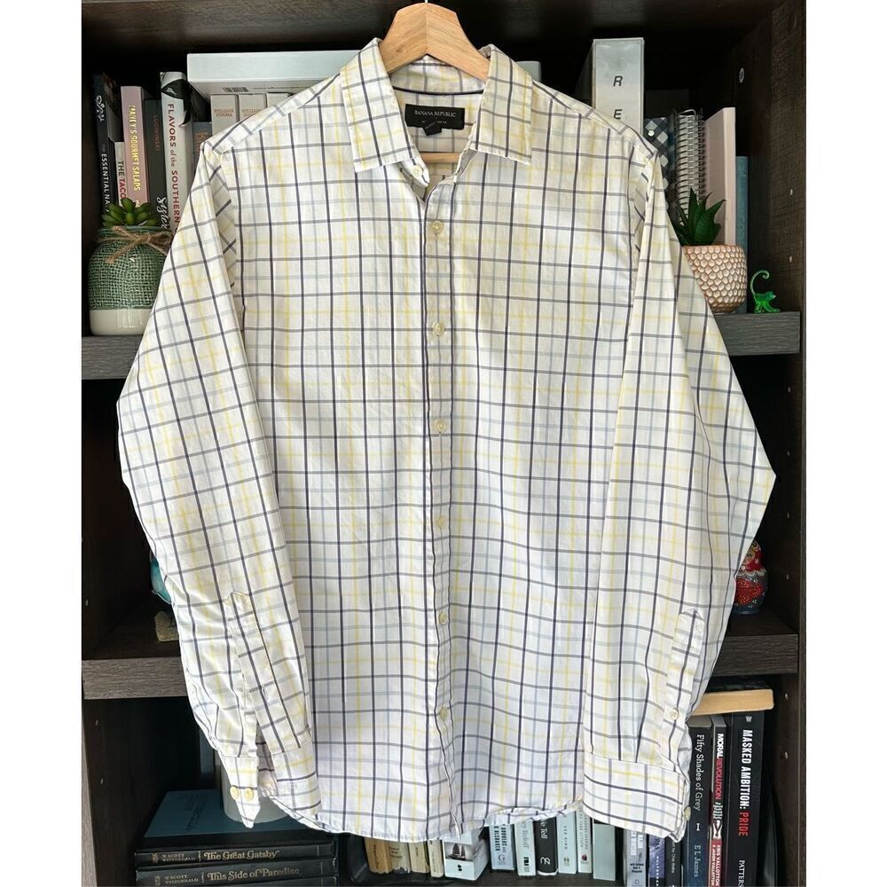 🐿️ Banana Republic White Yellow Blue Plaid Button Front Top SM 14-14.5” 32-33” - Picture 1 of 7